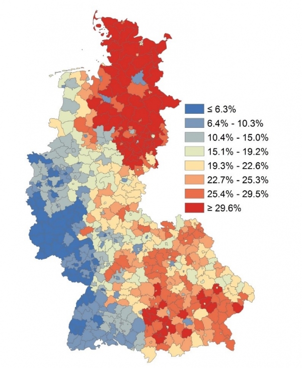 Population share of expellees in West German counties, September 1950